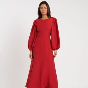 Nobody’s Child Red A-line Dress with Bishop Sleeves and Crew Neck